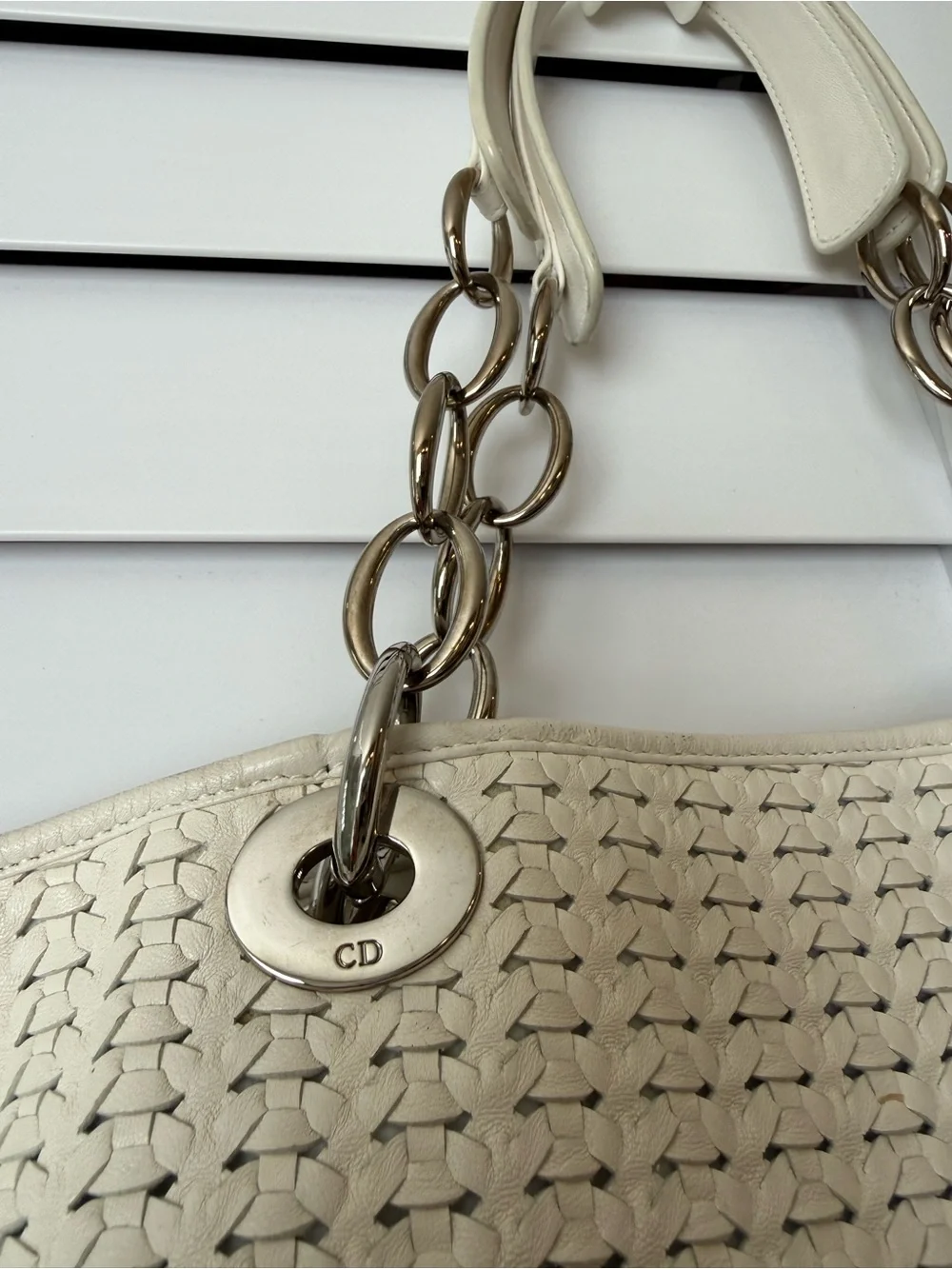 Authentic Christian Dior Woven Lambskin Soft Lady Dior Tote Bag, Silver Hardware